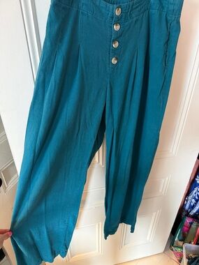 Vintage-Style High-Waisted Button-Fly Trousers – Teal/Deep Aqua